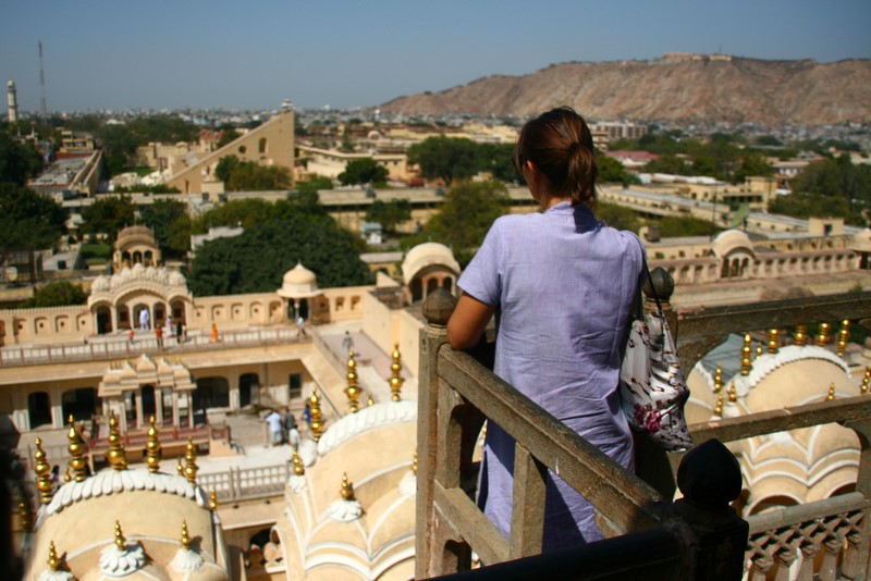 Alexandra looks across towards Jantar Mantar from the Hawa Mahal